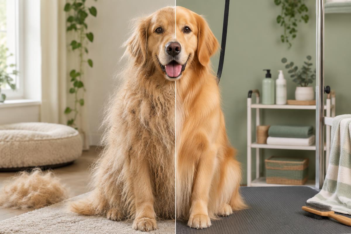 Buddy the Golden Retriever before and after grooming