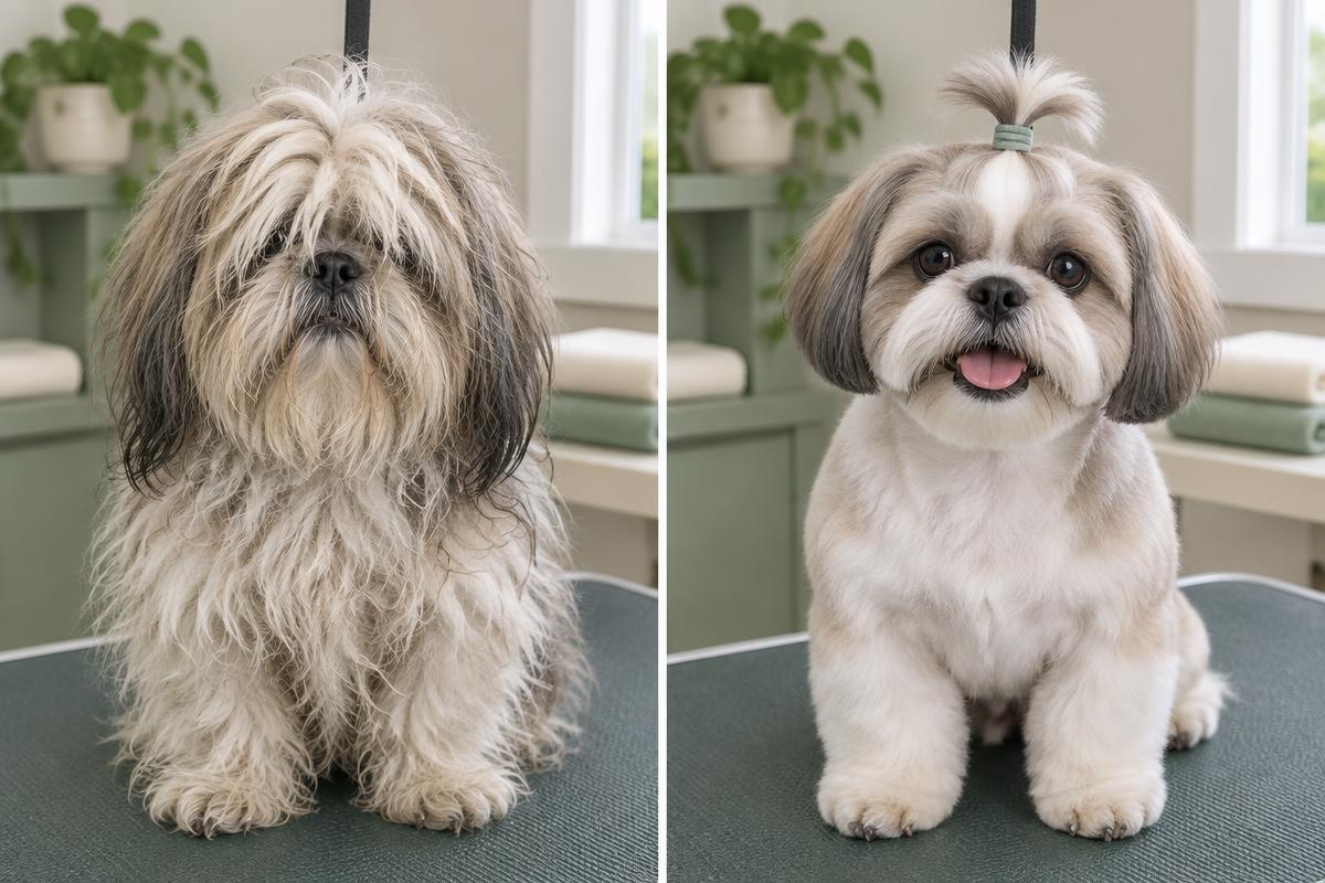 Luna the Shih Tzu before and after grooming