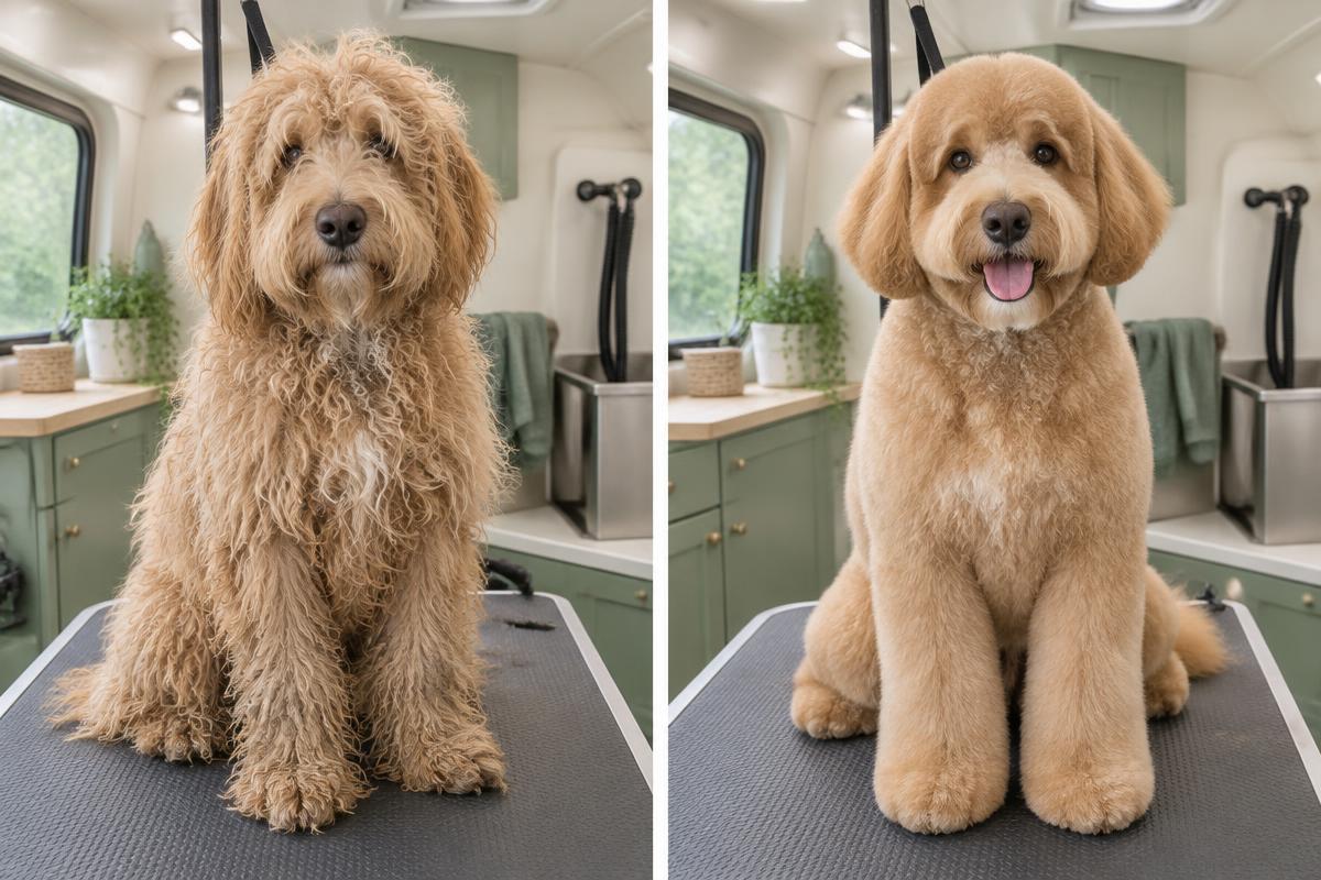 Teddy the Goldendoodle before and after grooming