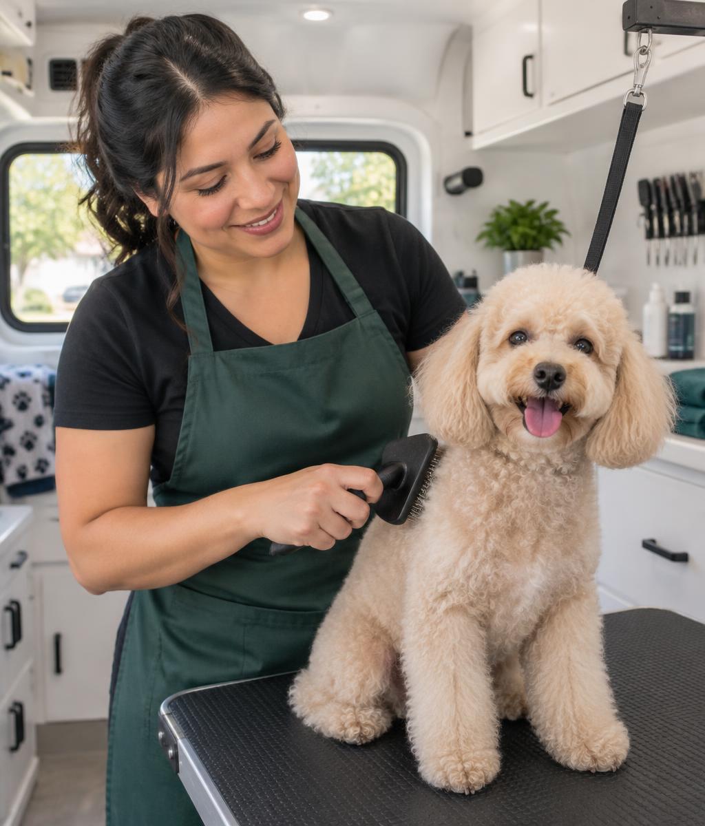 Maya brushing a smiling poodle inside the grooming van